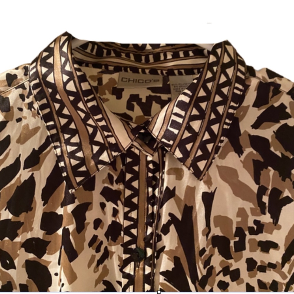 Chico's Safari Print Midi Silky Mid Length Botton Down Medium
